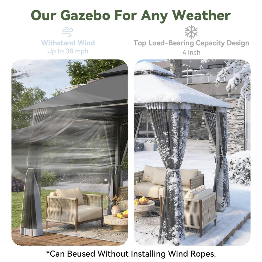 8'x8' Gray Gazebo with Double Roof & Mosquito Netting R34034