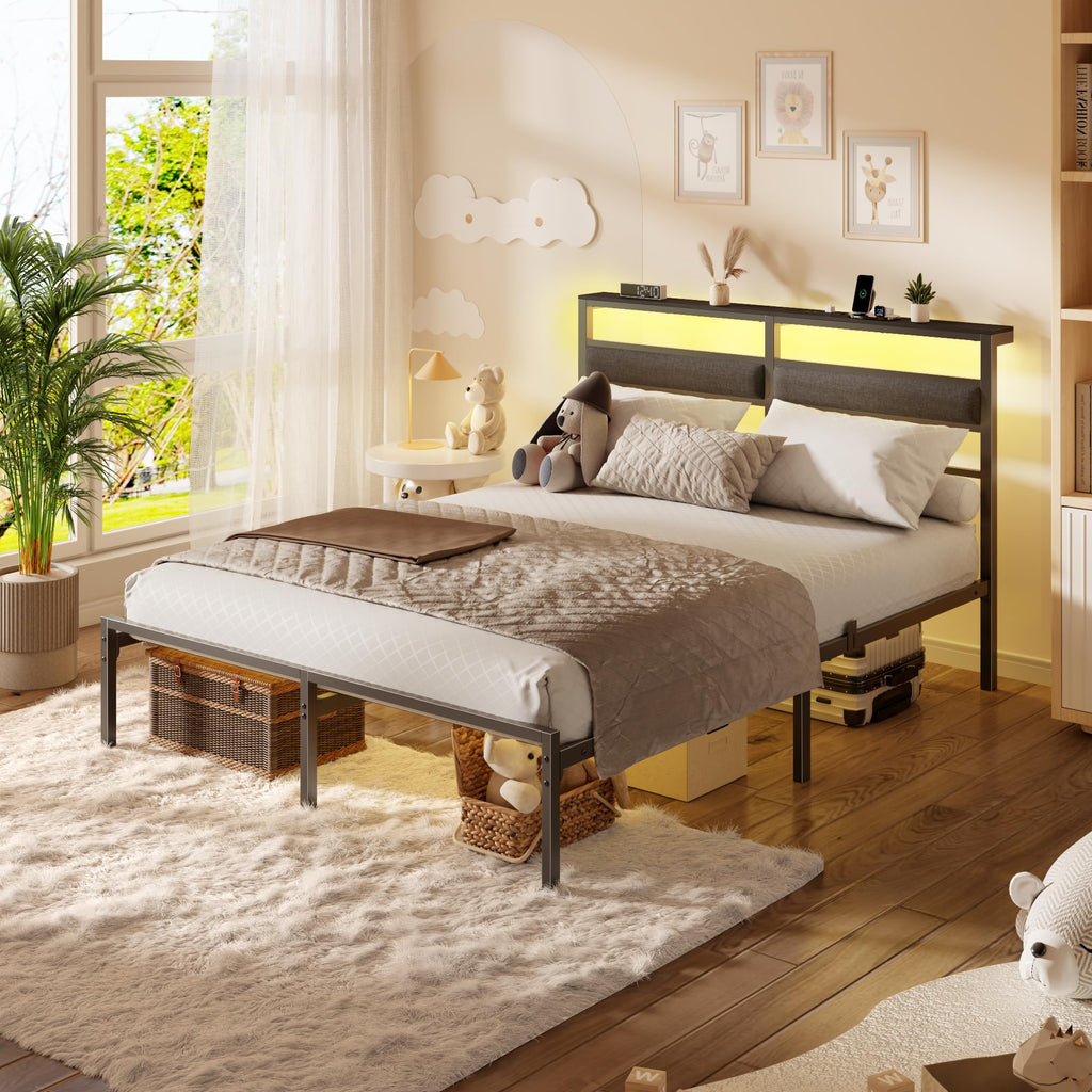 Full Size Black Platform Bed with LED Lights & Charging E87261