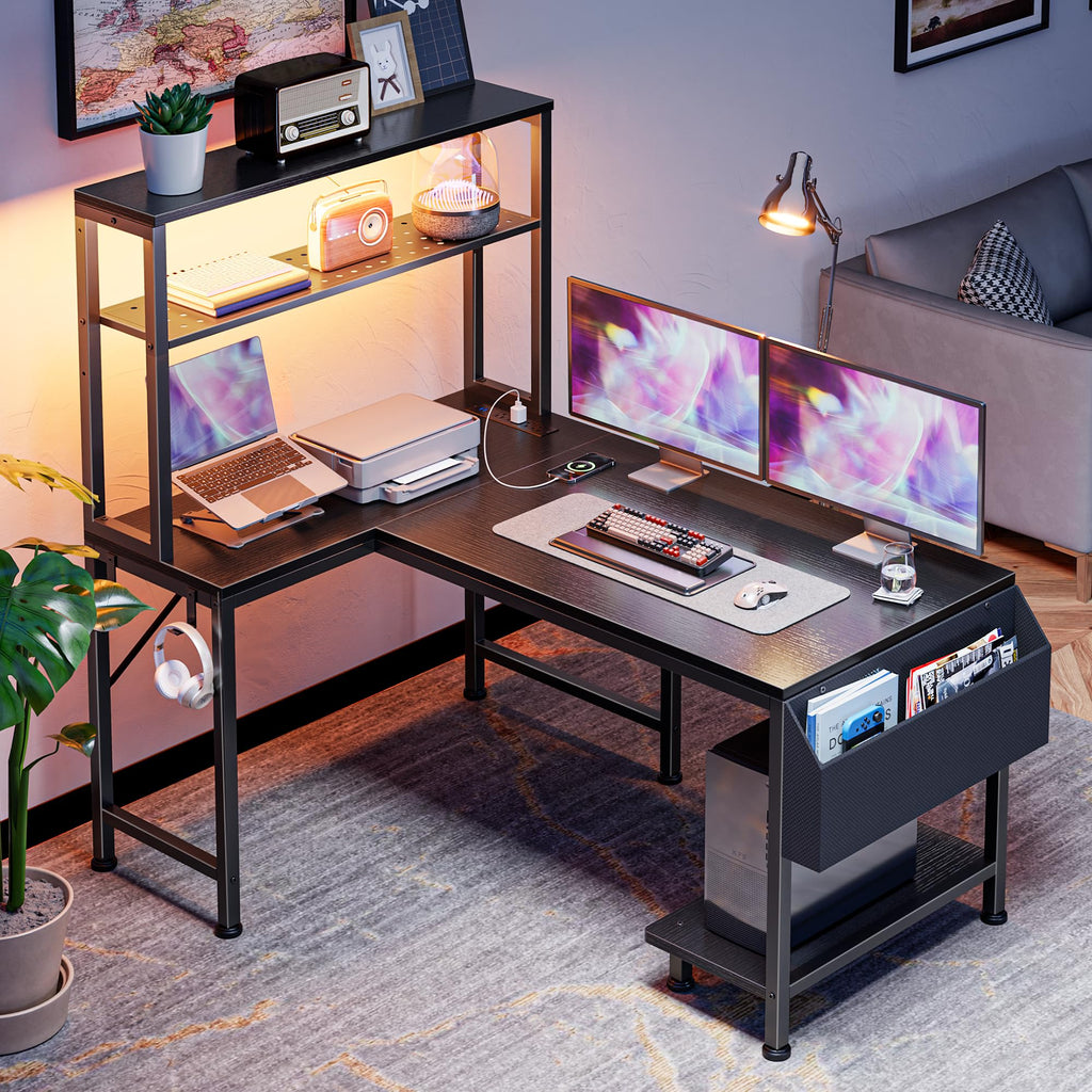 L Shaped Gaming Desk with LED Lights & Power Outlets T3530