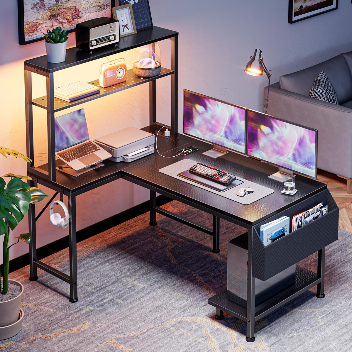 L Shaped Gaming Desk with LED Lights & Power Outlets T3530