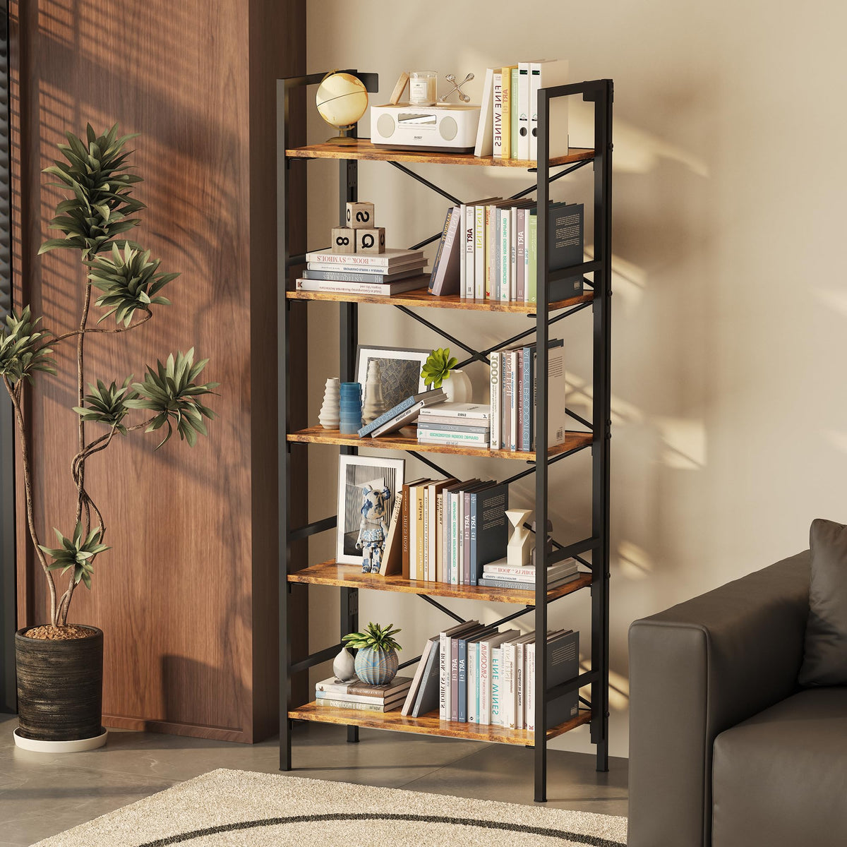 Folding 5 Tier Bookcase with X-Bracket Design V80457