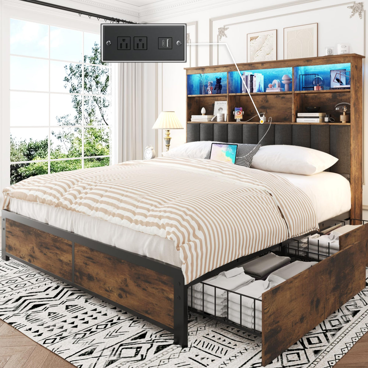 Queen Bed Frame with Storage Drawers and Charging Station X43210