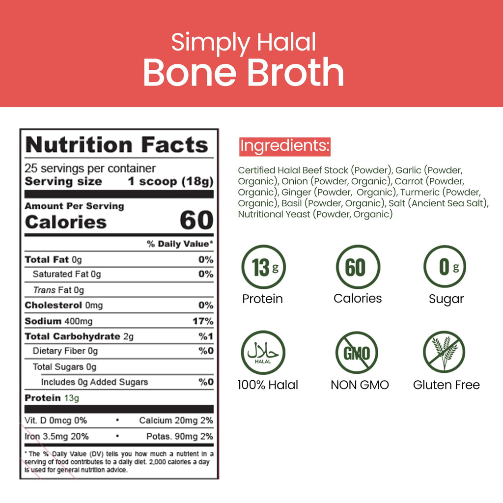 Halal Bone Broth Protein Powder, Grass-Fed Hydrolyzed Collagen, 25 Servings 16 Oz U47336