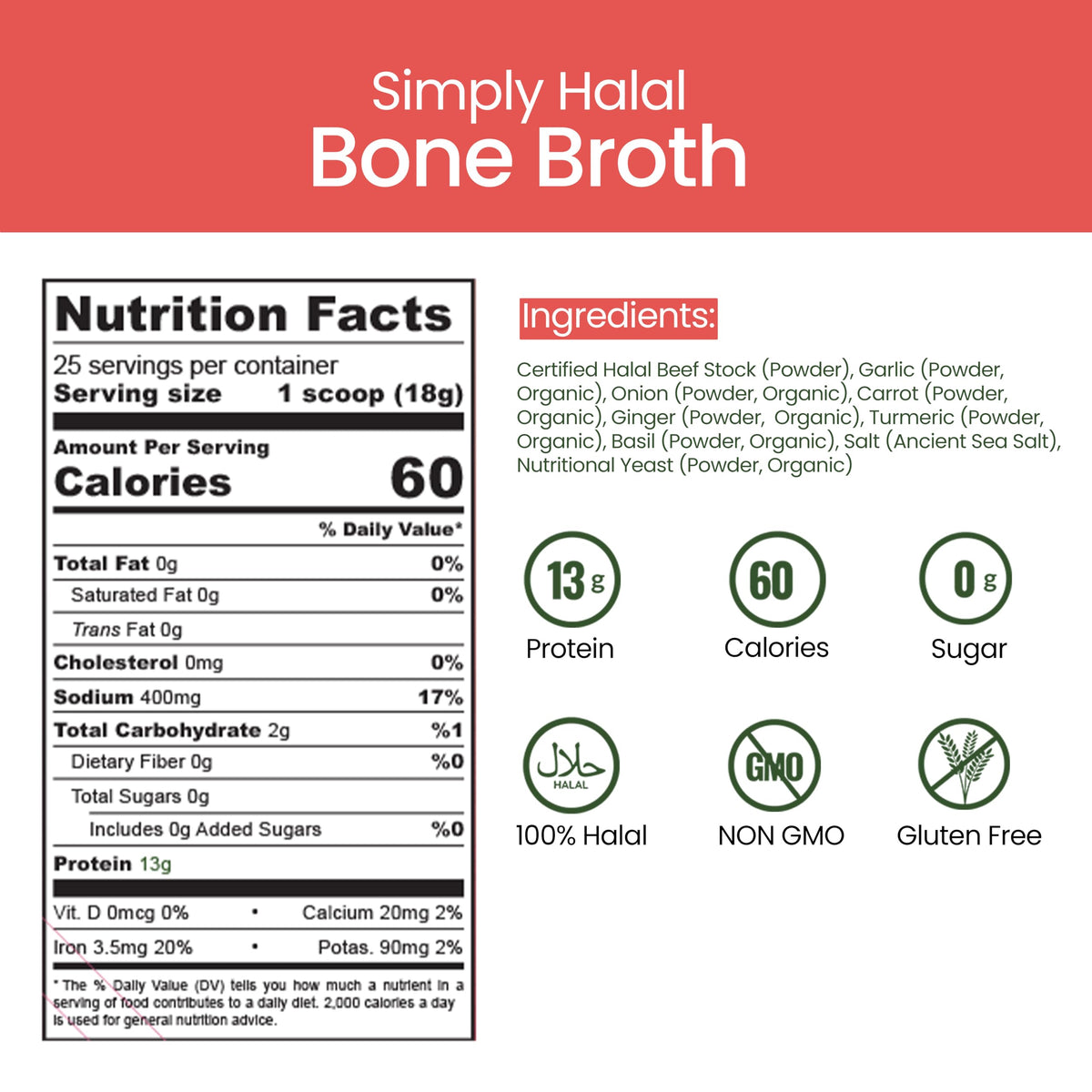 Halal Bone Broth Protein Powder, Grass-Fed Hydrolyzed Collagen, 25 Servings 16 Oz U47336