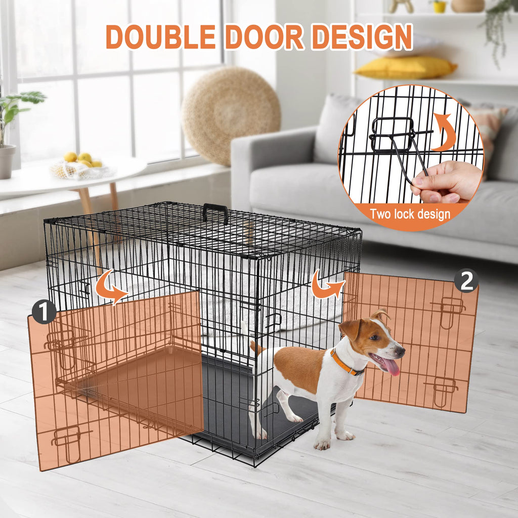 Double Door Folding Metal Wire Dog Crate with Tray F7867