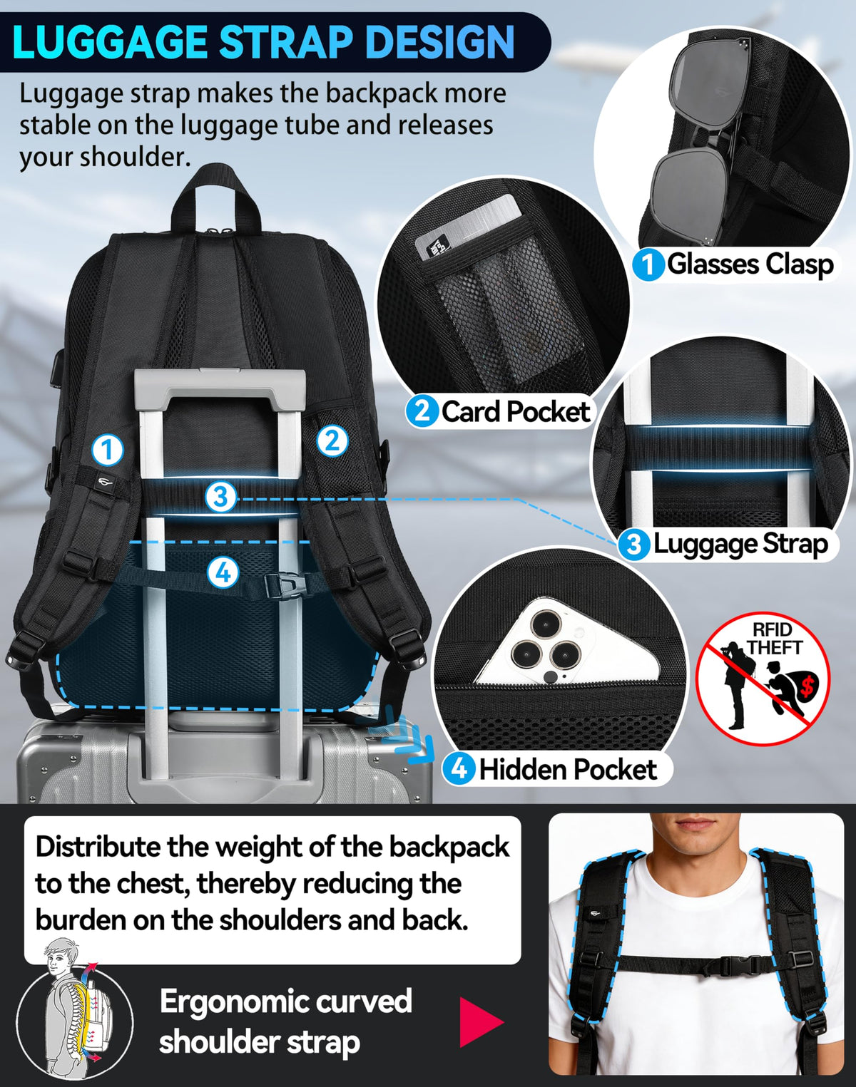 Extra Large Black Laptop Backpack with USB Charging Port E186