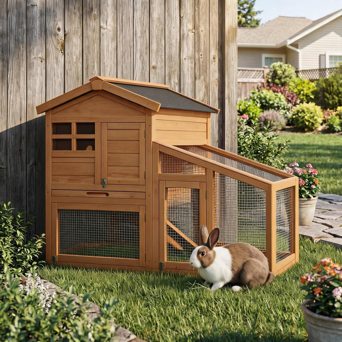2-Story Wooden Rabbit Hutch with Run W897