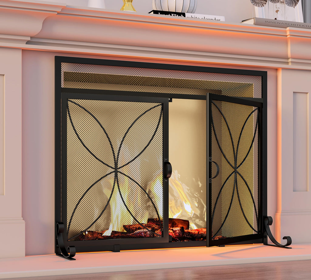 Black Metal Fireplace Screen Magnetic Doors B5036