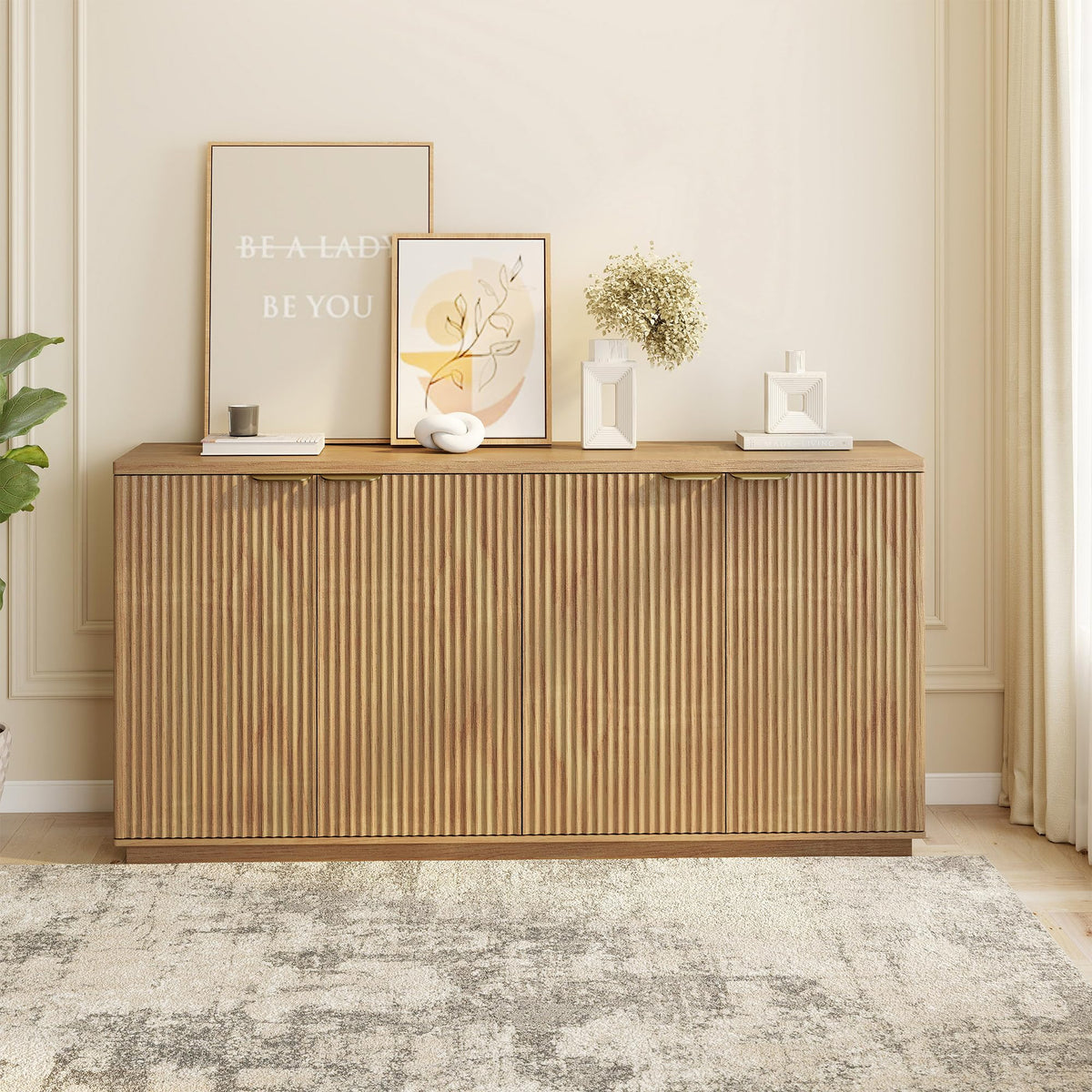 Natural Oak Fluted Wooden Sideboard Cabinet with 4 Doors C799