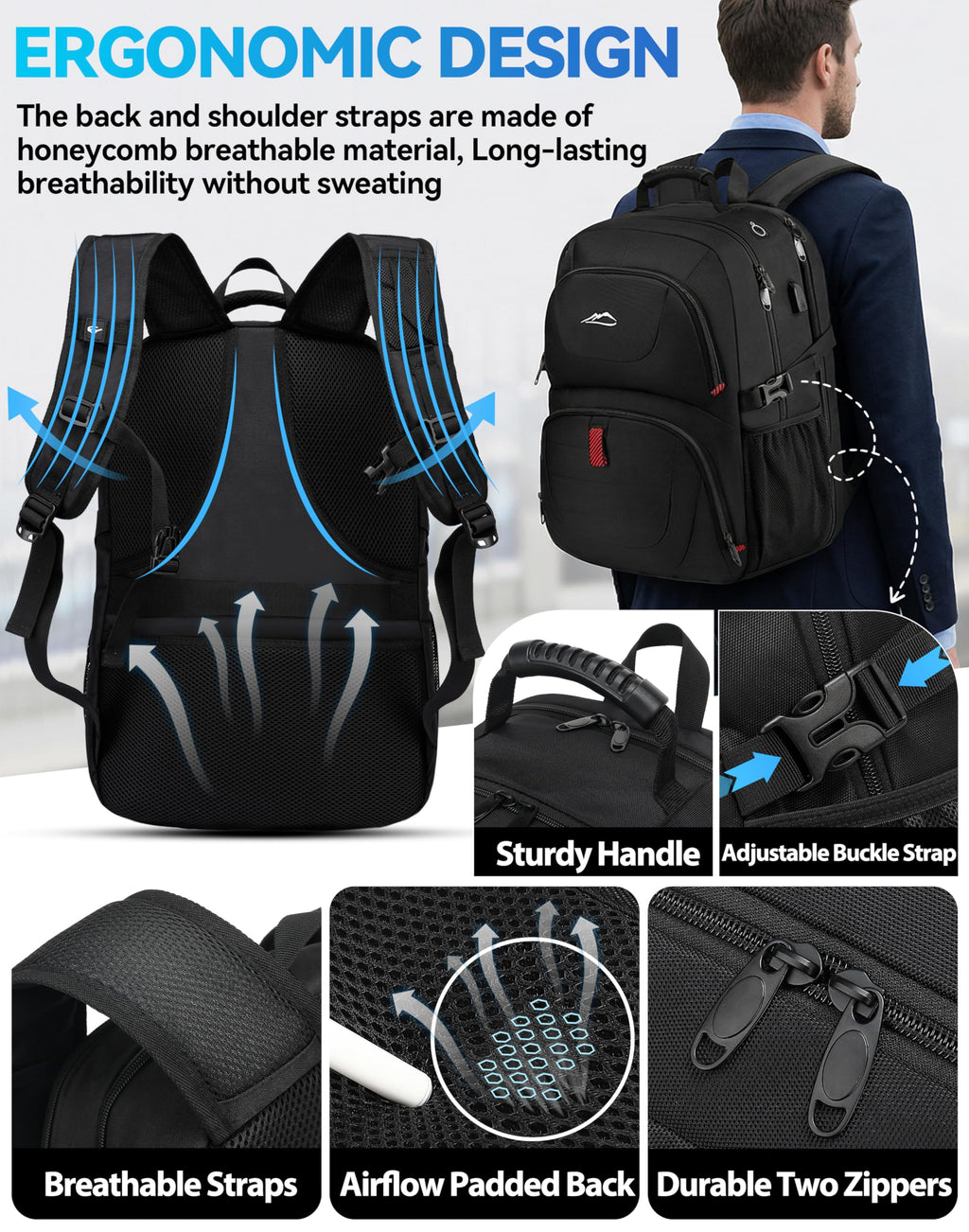 Extra Large Black Laptop Backpack with USB Charging Port E186