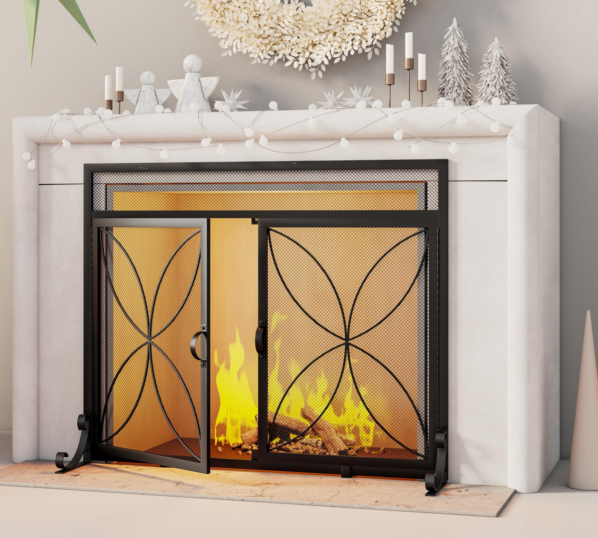 Black Metal Fireplace Screen Magnetic Doors B5036