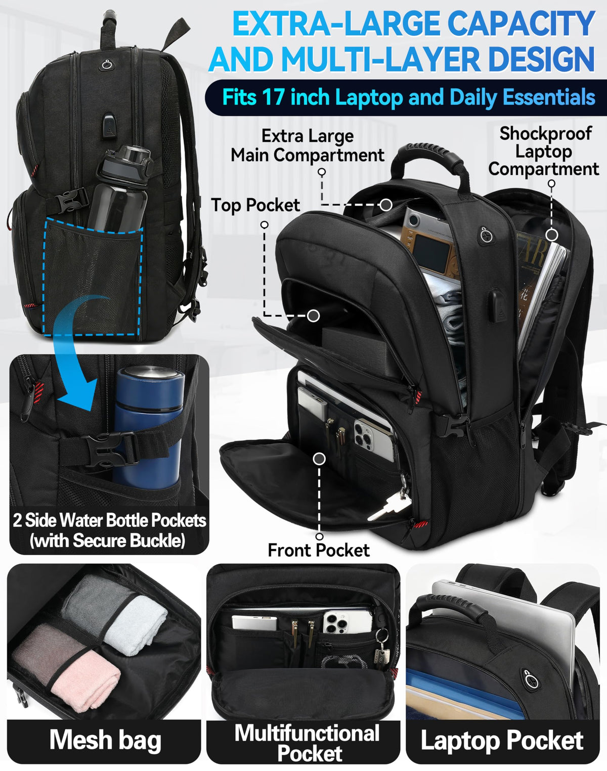 Extra Large Black Laptop Backpack with USB Charging Port E186