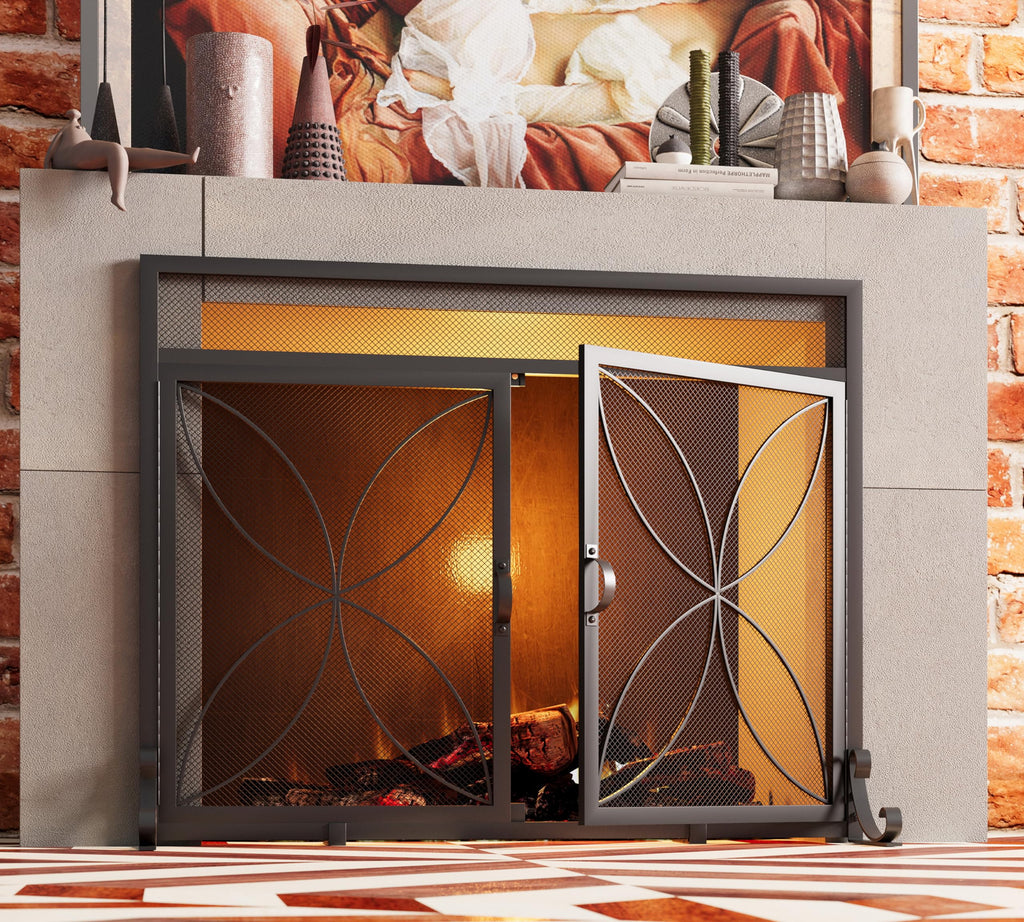 Black Metal Fireplace Screen Magnetic Doors B5036