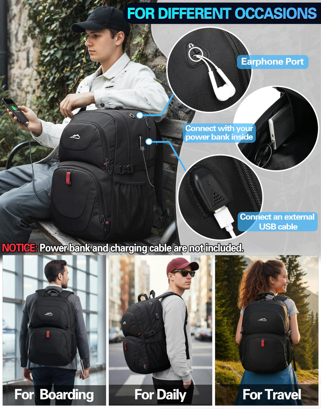 Extra Large Black Laptop Backpack with USB Charging Port E186