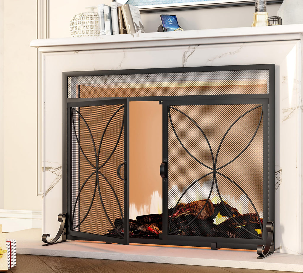 Black Metal Fireplace Screen Magnetic Doors B5036